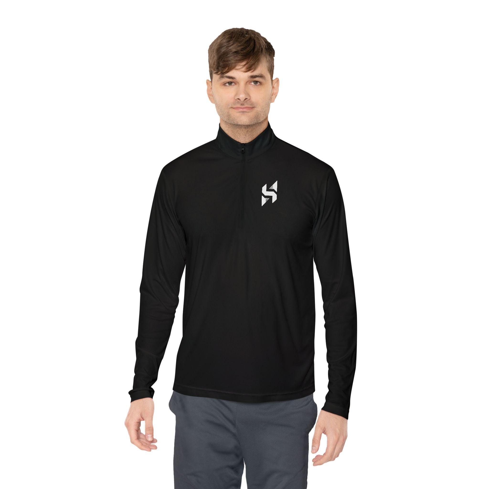 Minimal Geometric Logo Quarter-Zip Pullover | Small Chest Emblem | Streetwear | Athleticwear | HalfSpace Studio Branding