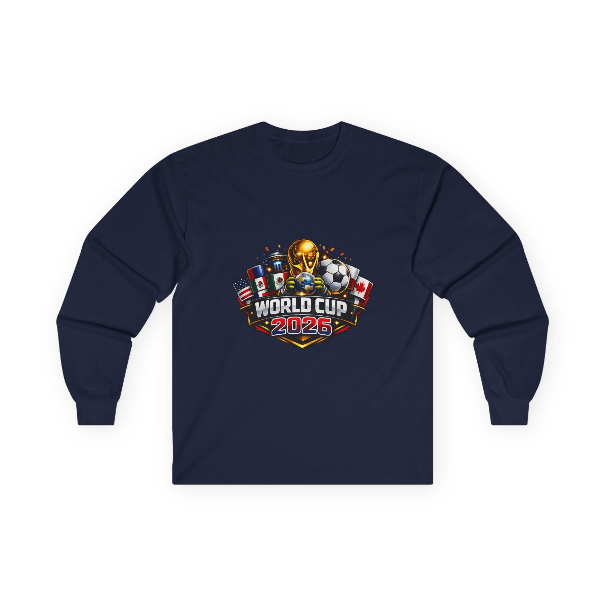World Cup 2026 Long Sleeve Soccer Tee | Vintage Feel Cotton, Flags, Trophy