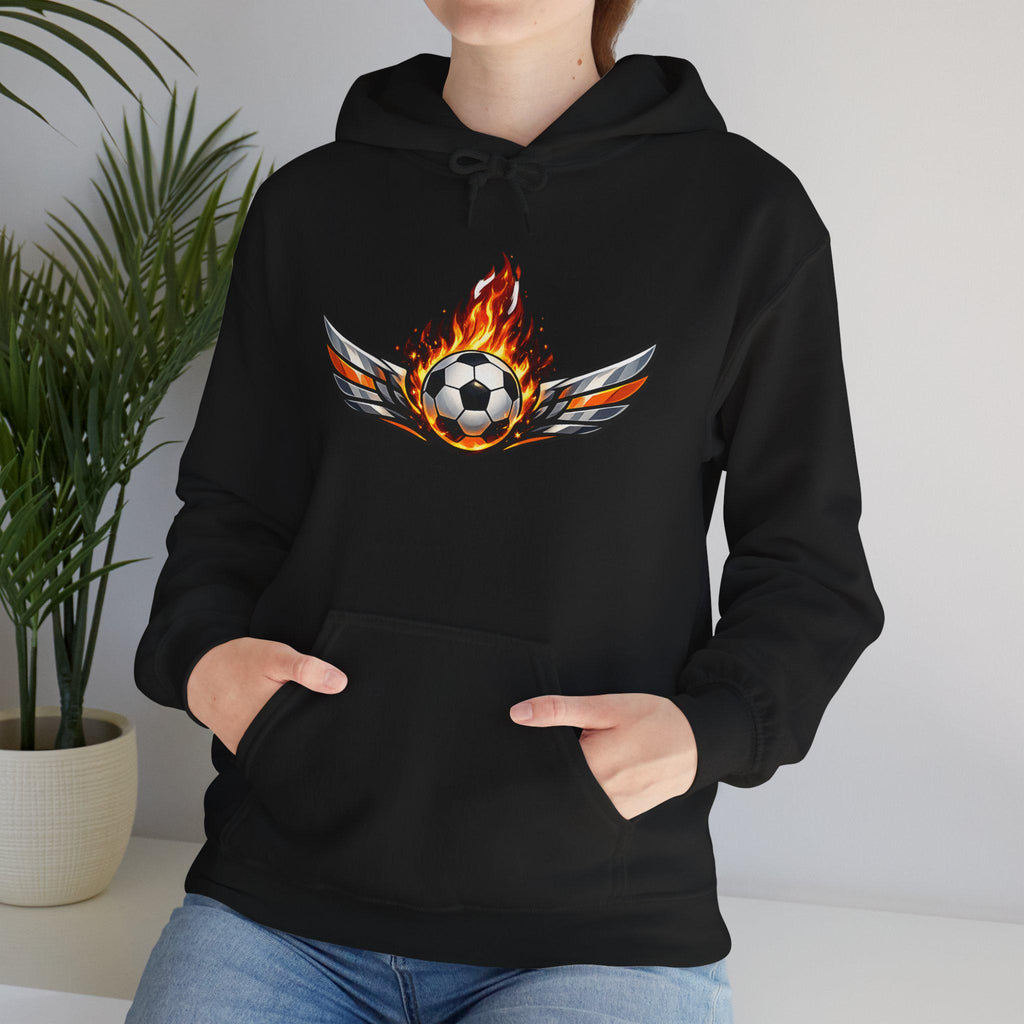 Flaming Soccer Ball Wings Hoodie | Sports Graphic Pullover | Minimal Streetwear