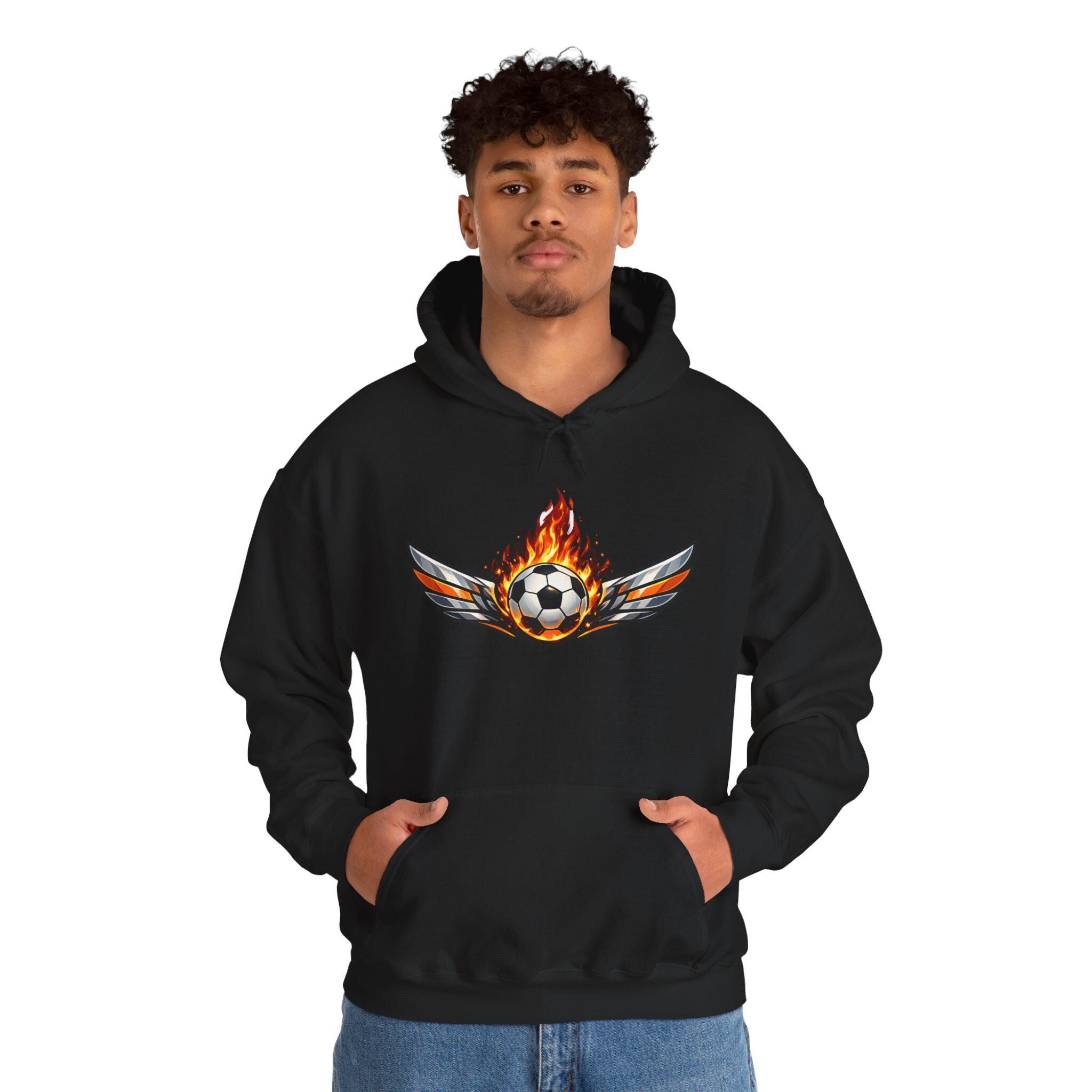 Flaming Soccer Ball Wings Hoodie | Sports Graphic Pullover | Minimal Streetwear