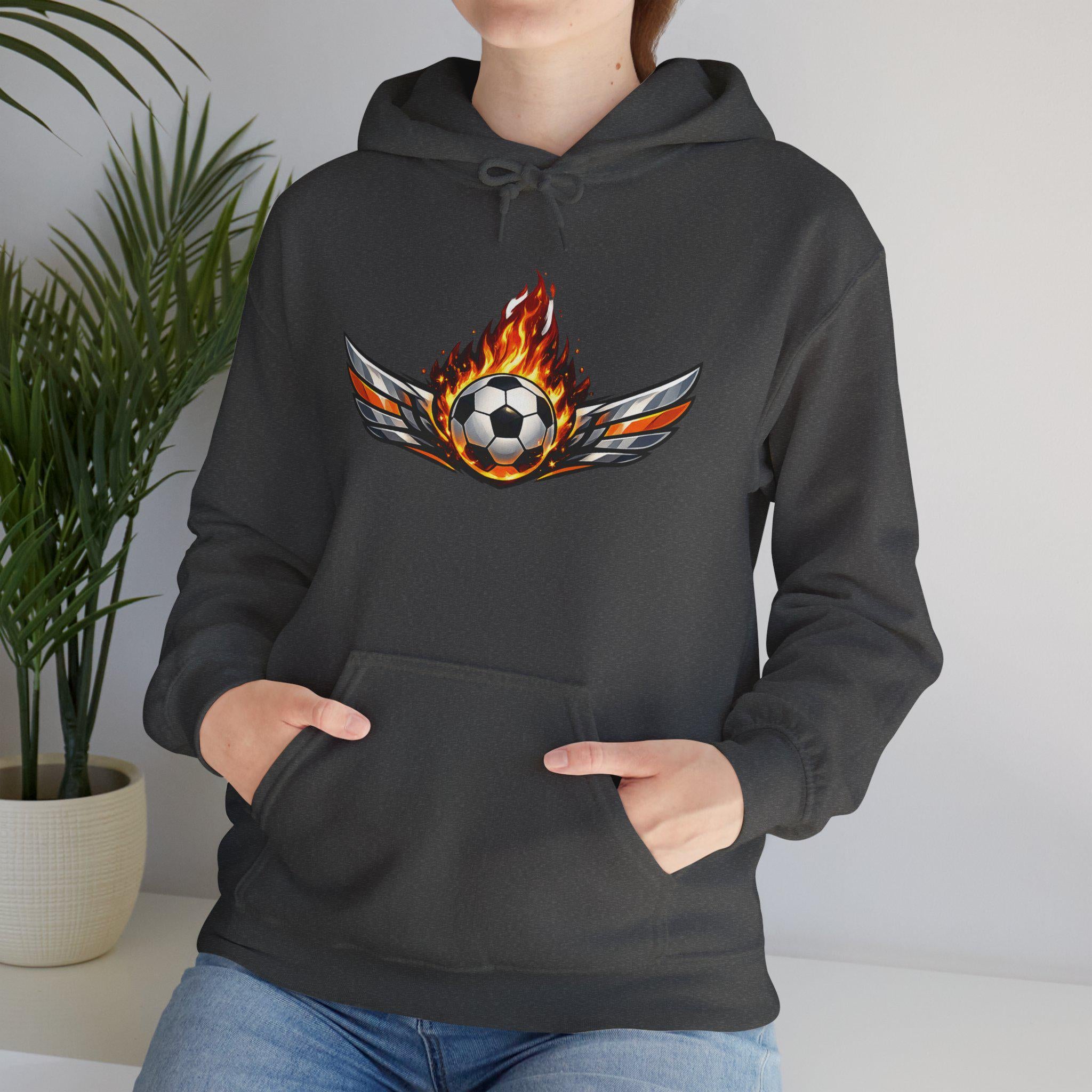Flaming Soccer Ball Wings Hoodie | Sports Graphic Pullover | Minimal Streetwear