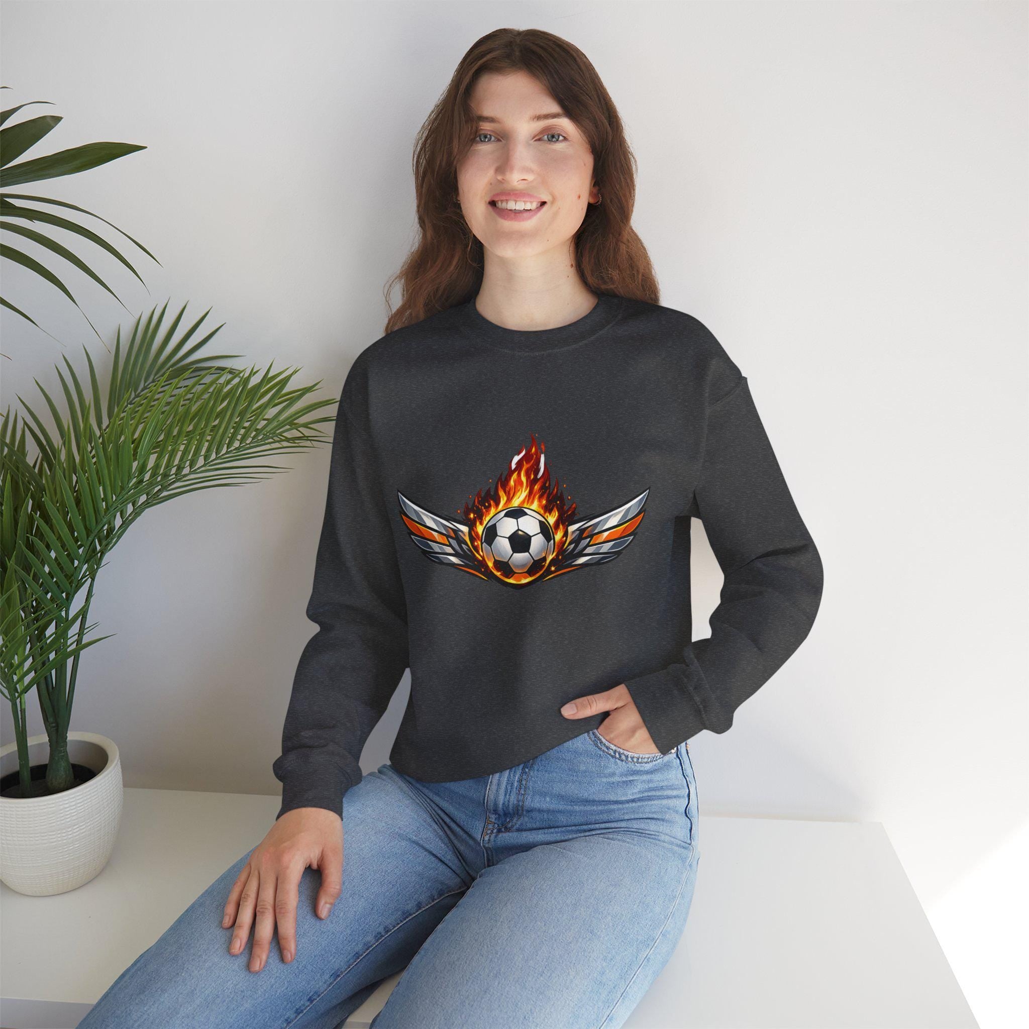 Flaming Soccer Ball Wings sweatshirt | Sports Graphic Crewneck | Minimal Streetwear