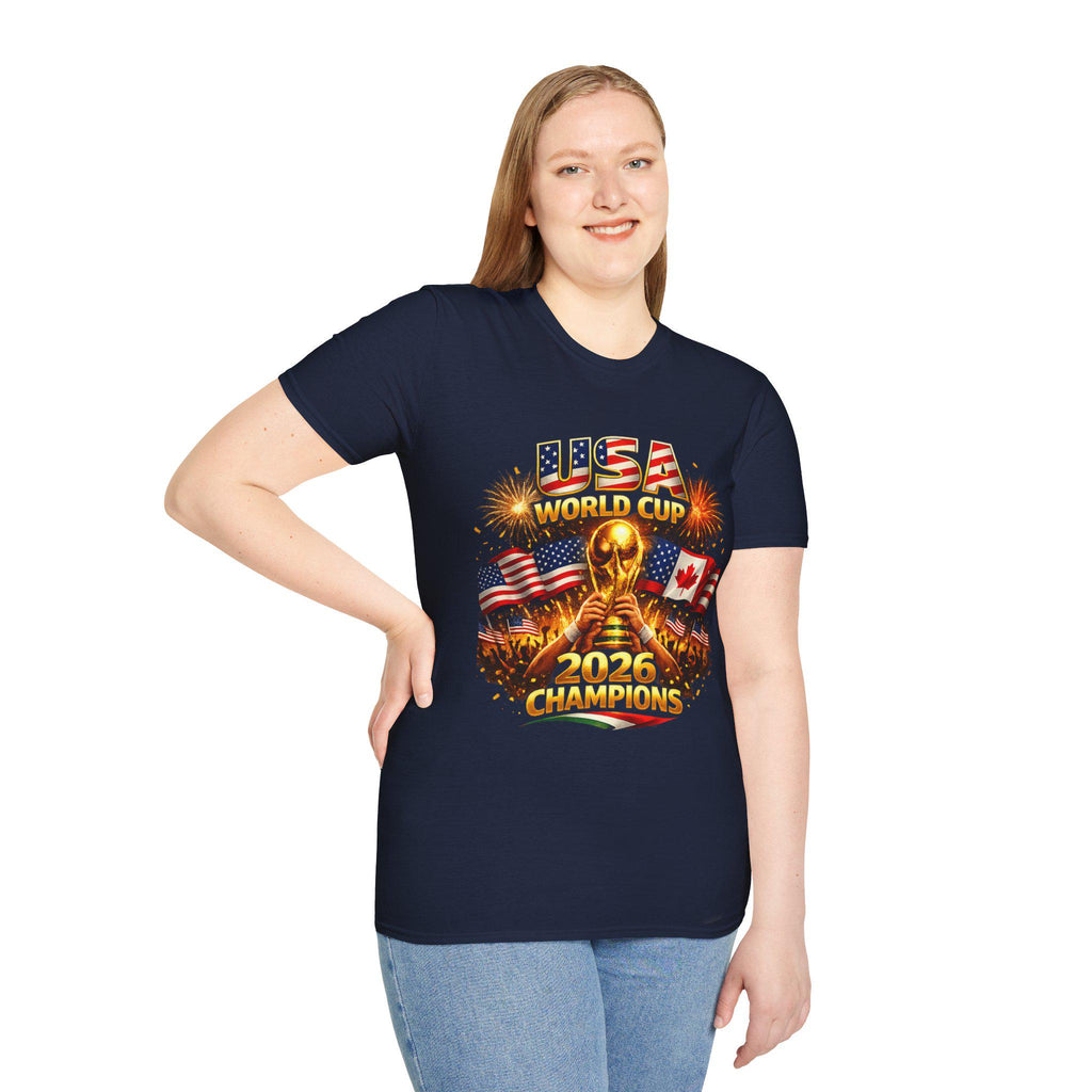 USA World Cup 2026 Champions T-Shirt | Soccer Trophy, Flags, Fireworks