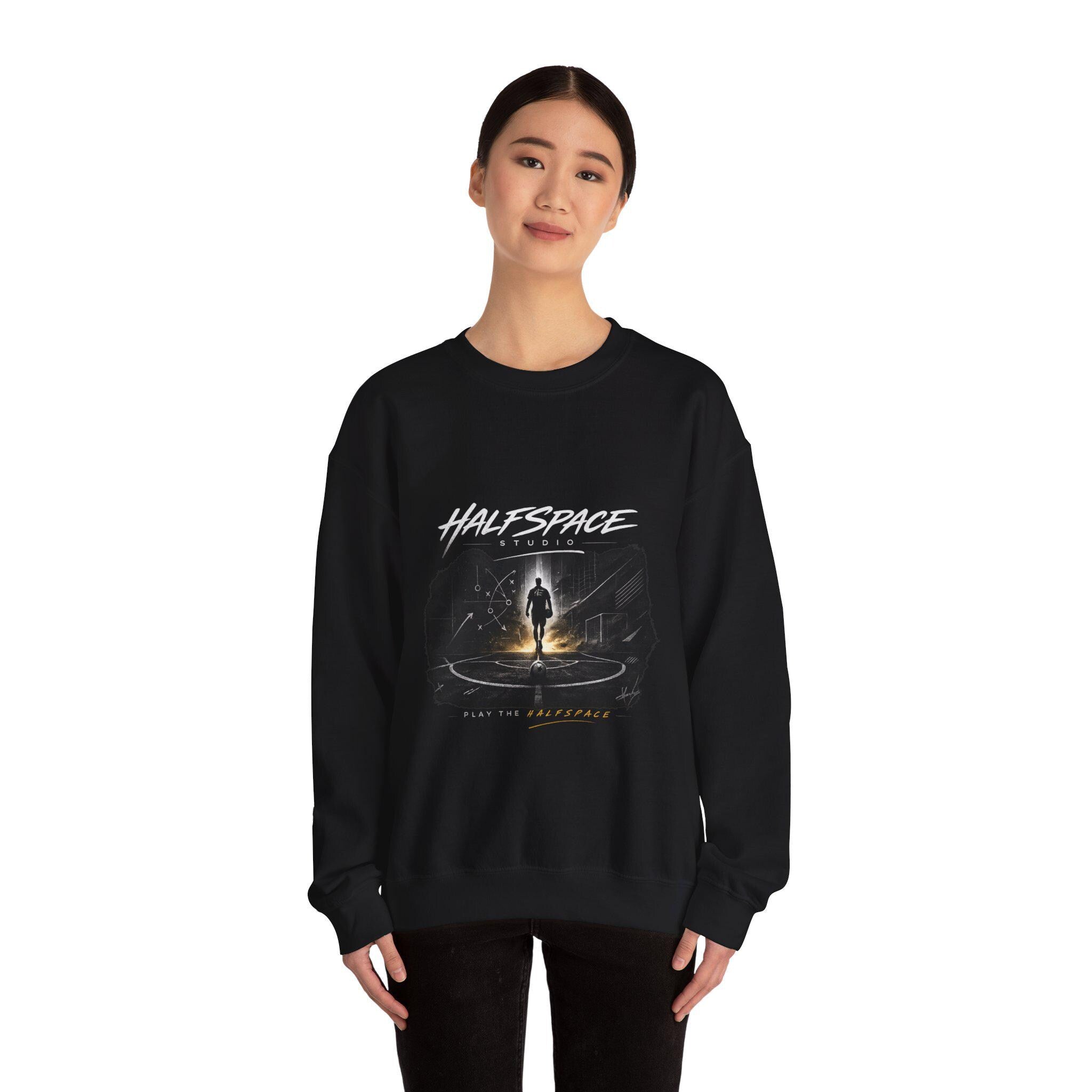 Silhouette Portal Walk, Sweatshirt | Lone Figure, Night Sky, Glowing Circle xFootball-HalfSpace Studio.