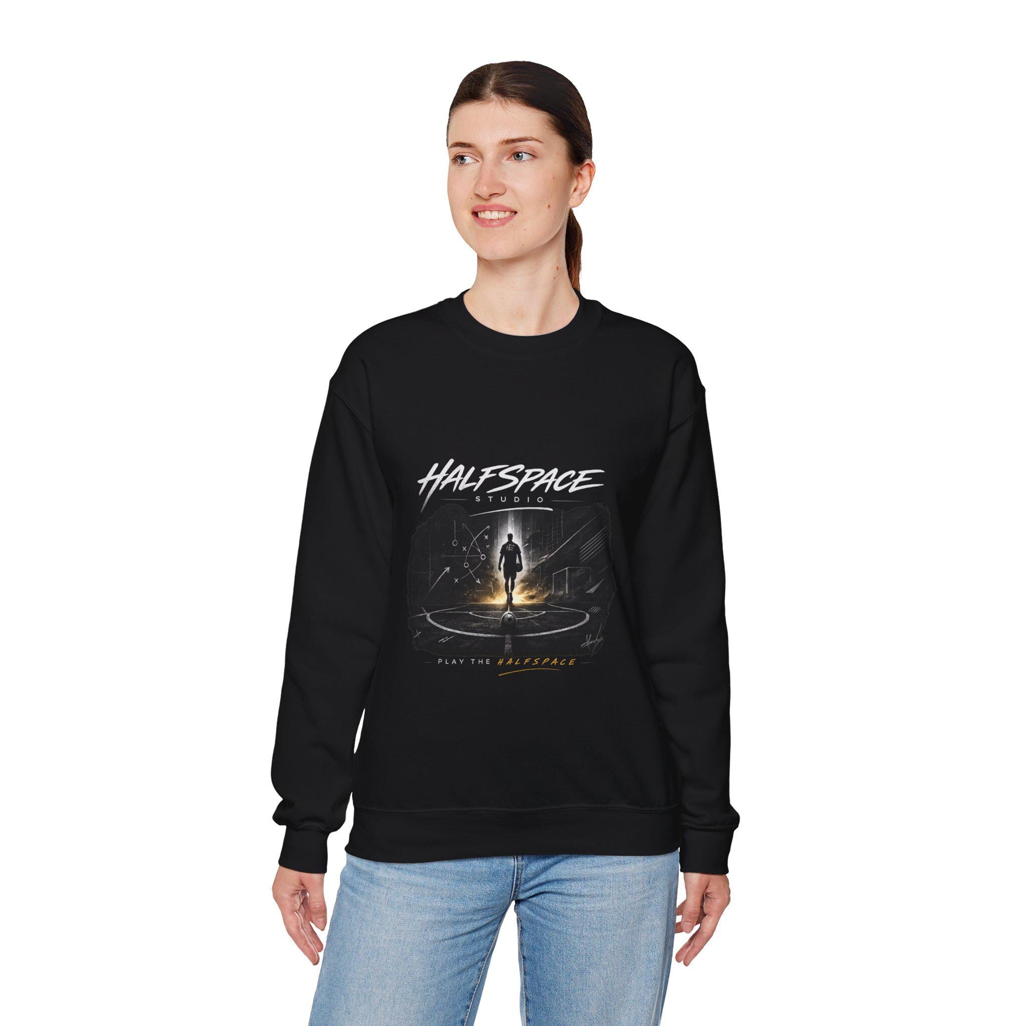 Silhouette Portal Walk, Sweatshirt | Lone Figure, Night Sky, Glowing Circle xFootball-HalfSpace Studio.