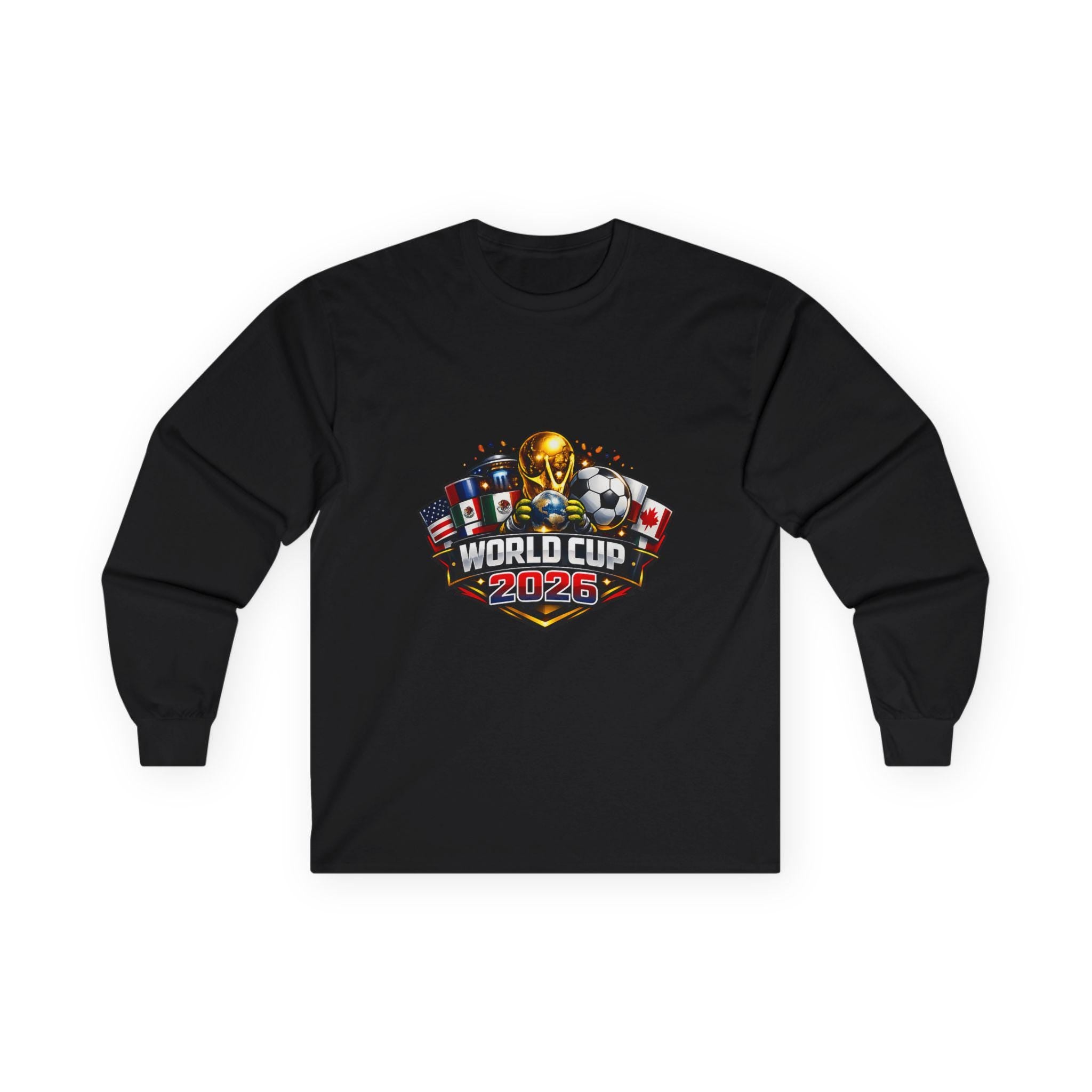 World Cup 2026 Long Sleeve Soccer Tee | Vintage Feel Cotton, Flags, Trophy