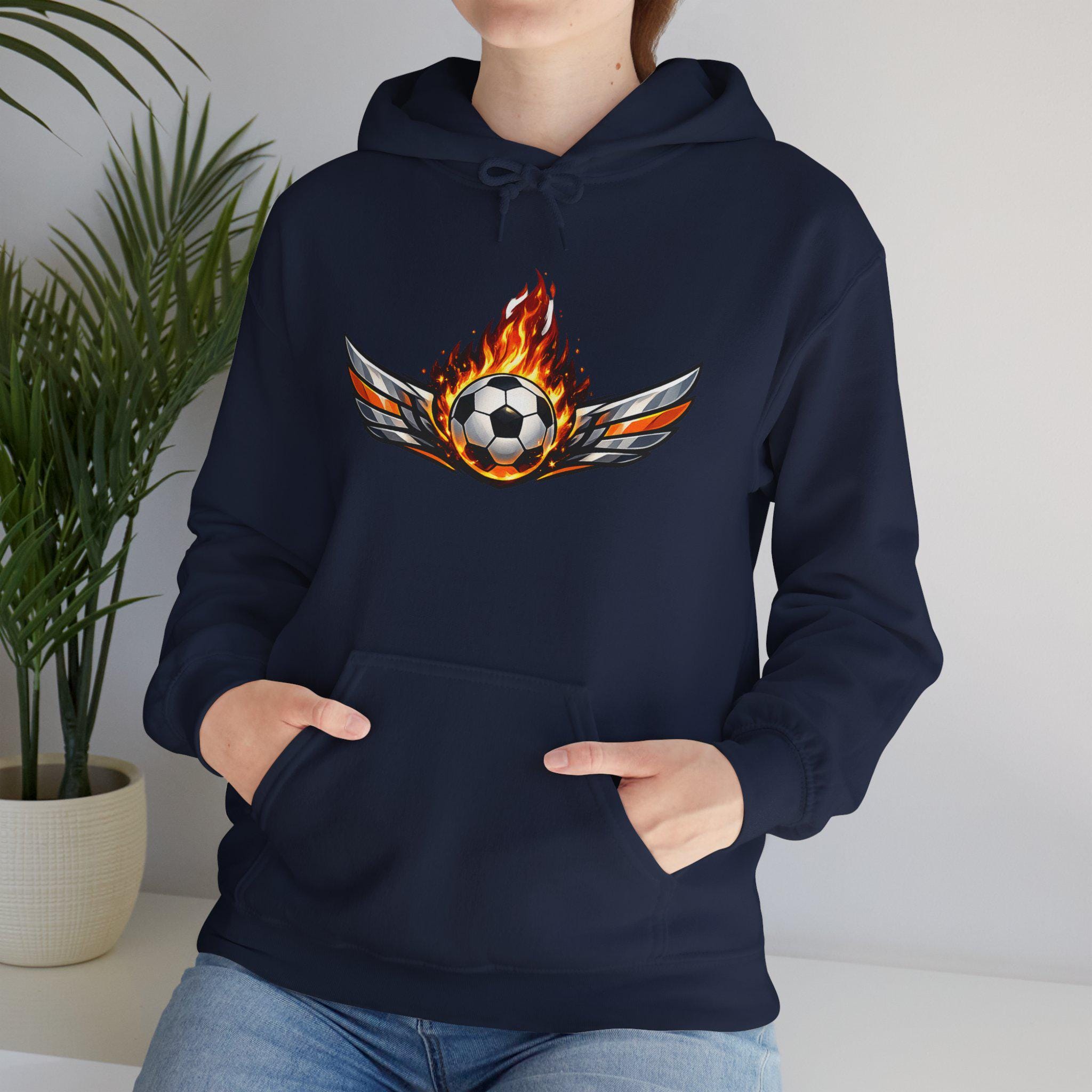 Flaming Soccer Ball Wings Hoodie | Sports Graphic Pullover | Minimal Streetwear