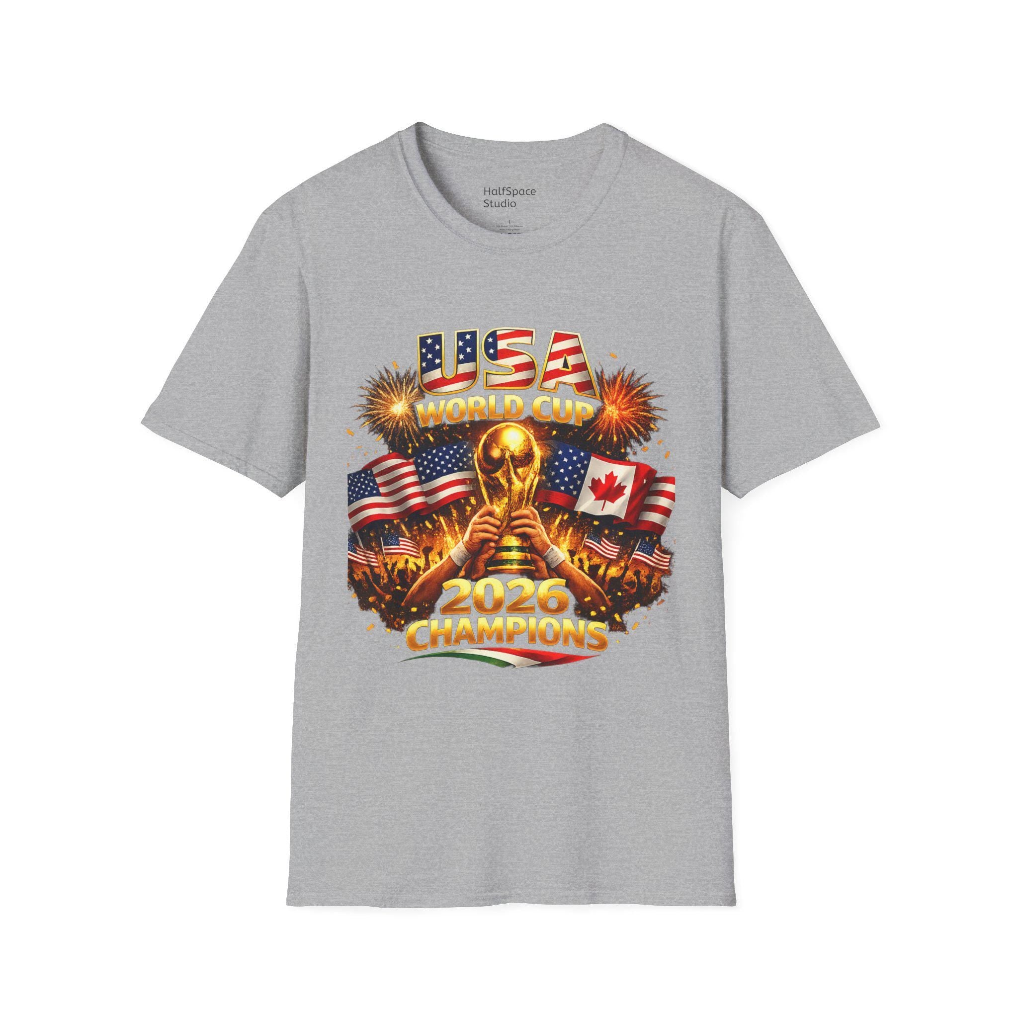 USA World Cup 2026 Champions T-Shirt | Soccer Trophy, Flags, Fireworks