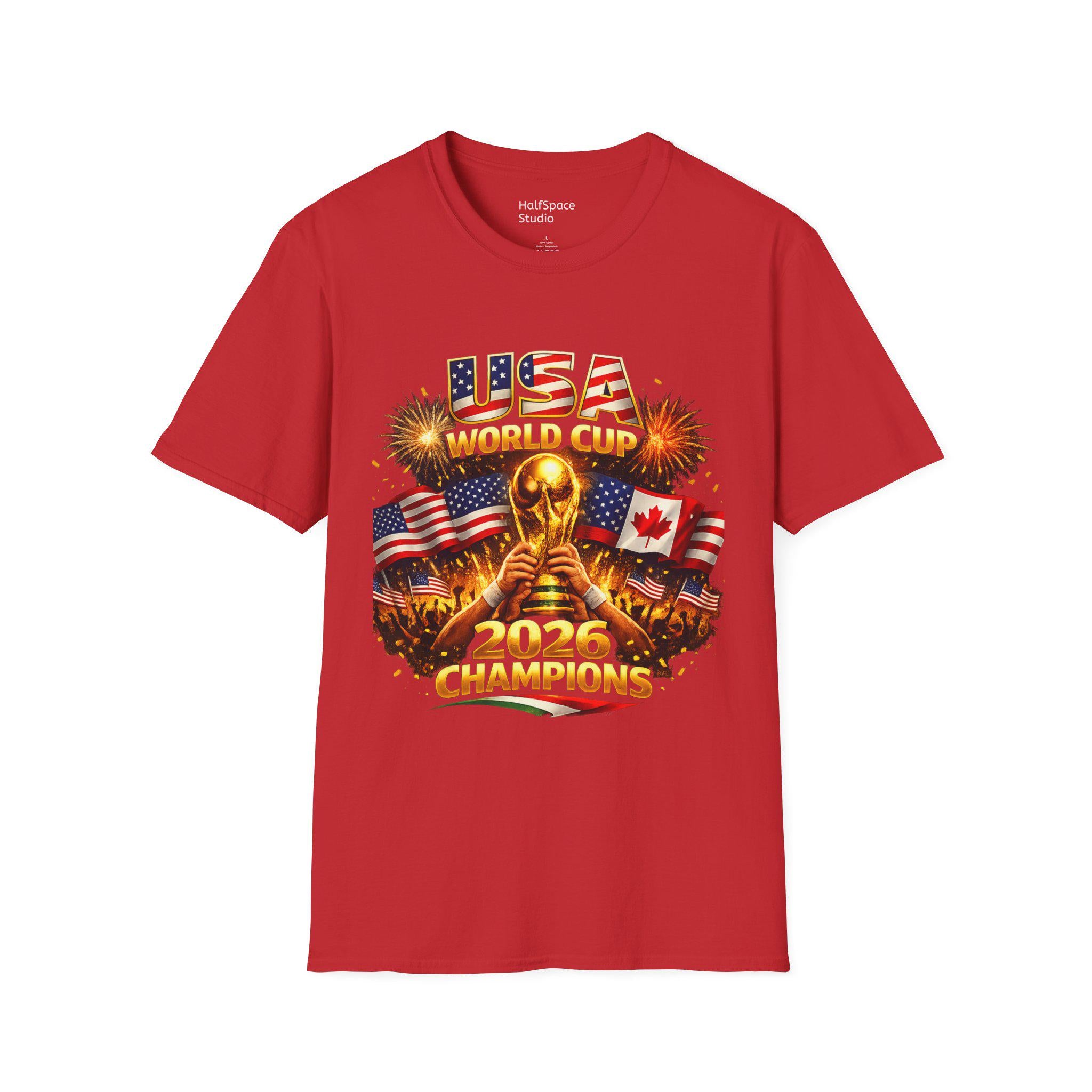 USA World Cup 2026 Champions T-Shirt | Soccer Trophy, Flags, Fireworks