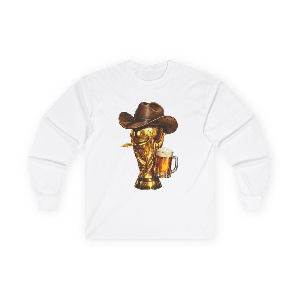 World Cup Trophy Cowboy Hat Beer Long Sleeve Tee | Football Soccer Western Humor