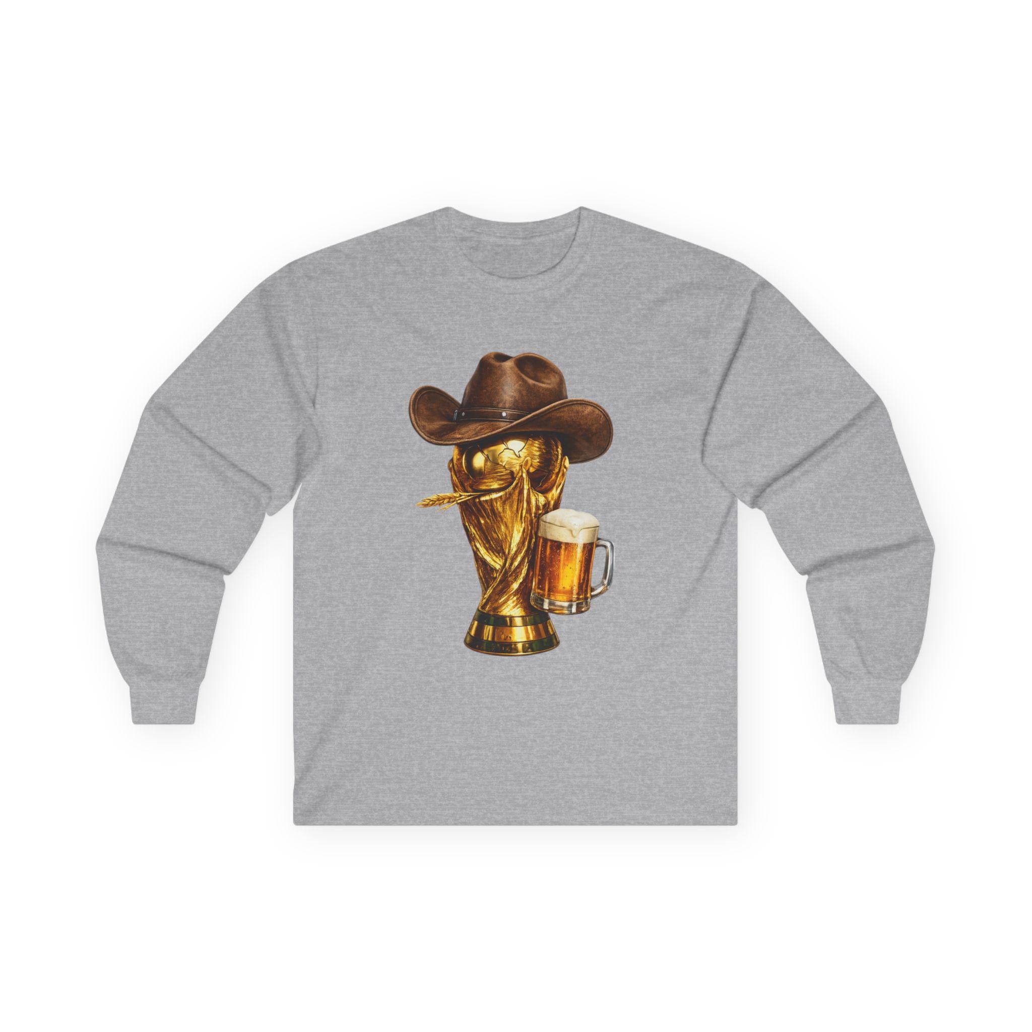World Cup Trophy Cowboy Hat Beer Long Sleeve Tee | Football Soccer Western Humor